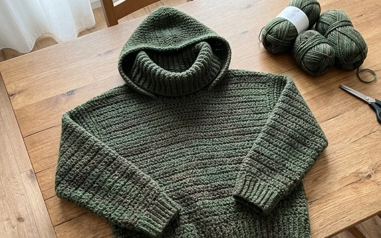 Häkelanleitung: Kuscheliger Kapuzenpullover mit Rollkragen